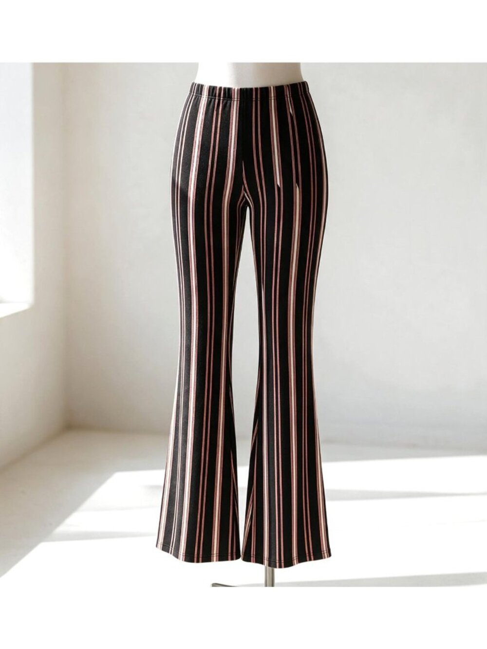 SHEIN Women Small  Black Striped Flare Pants Pull On Elastic Waist Stretch EUC S